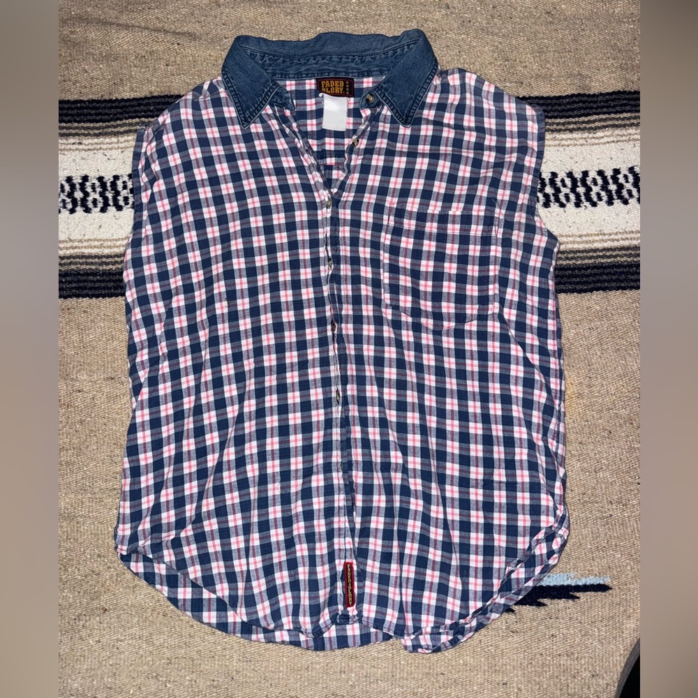 Vintage 90s Faded Glory plaid sleeveless collard shirt - women’s XL blue & pink